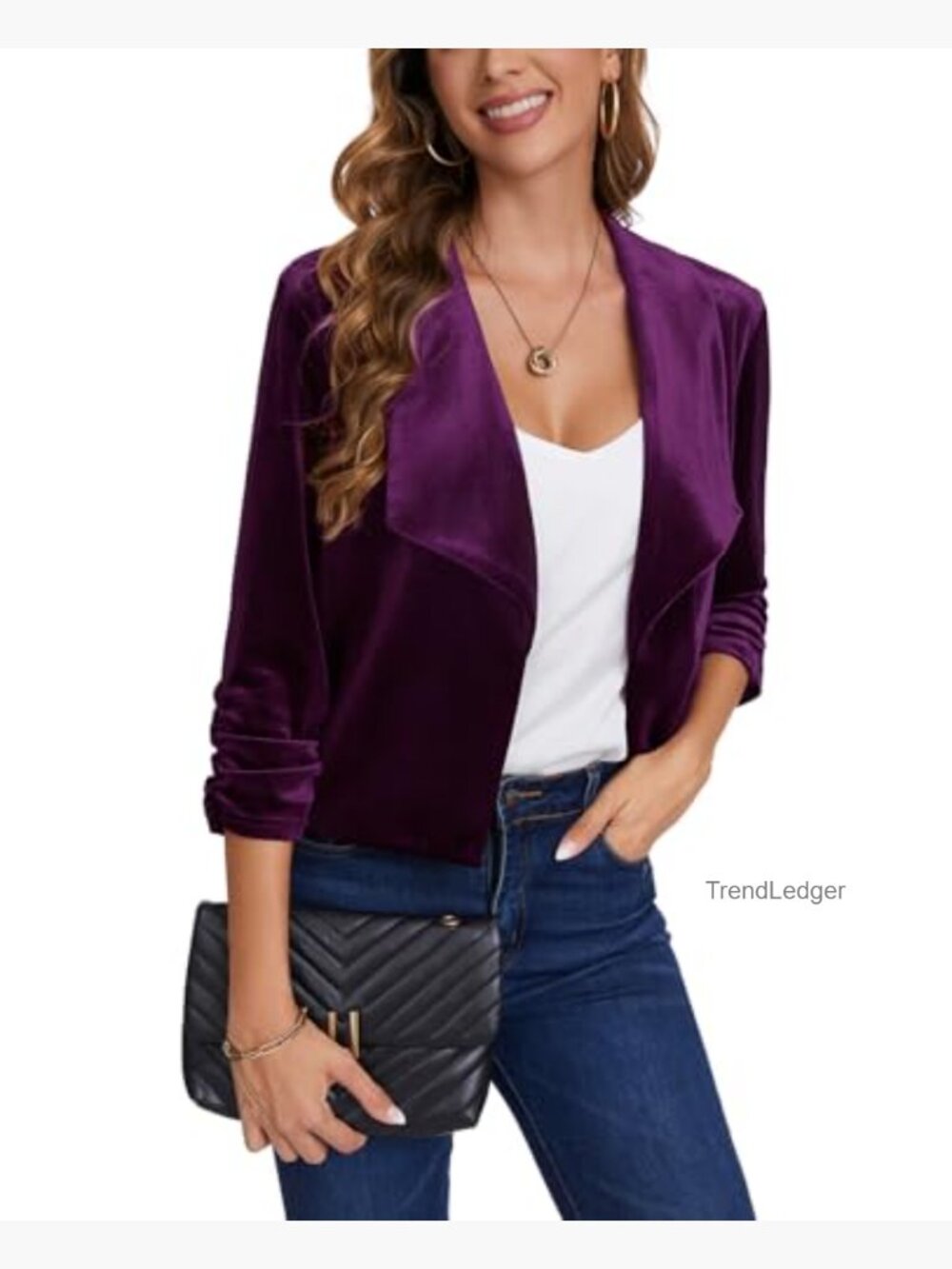 Womens Velvet Blazer Shawl Collar 3/4 Ruched Sleeve Open Front Business Work - Picture 6 of 6